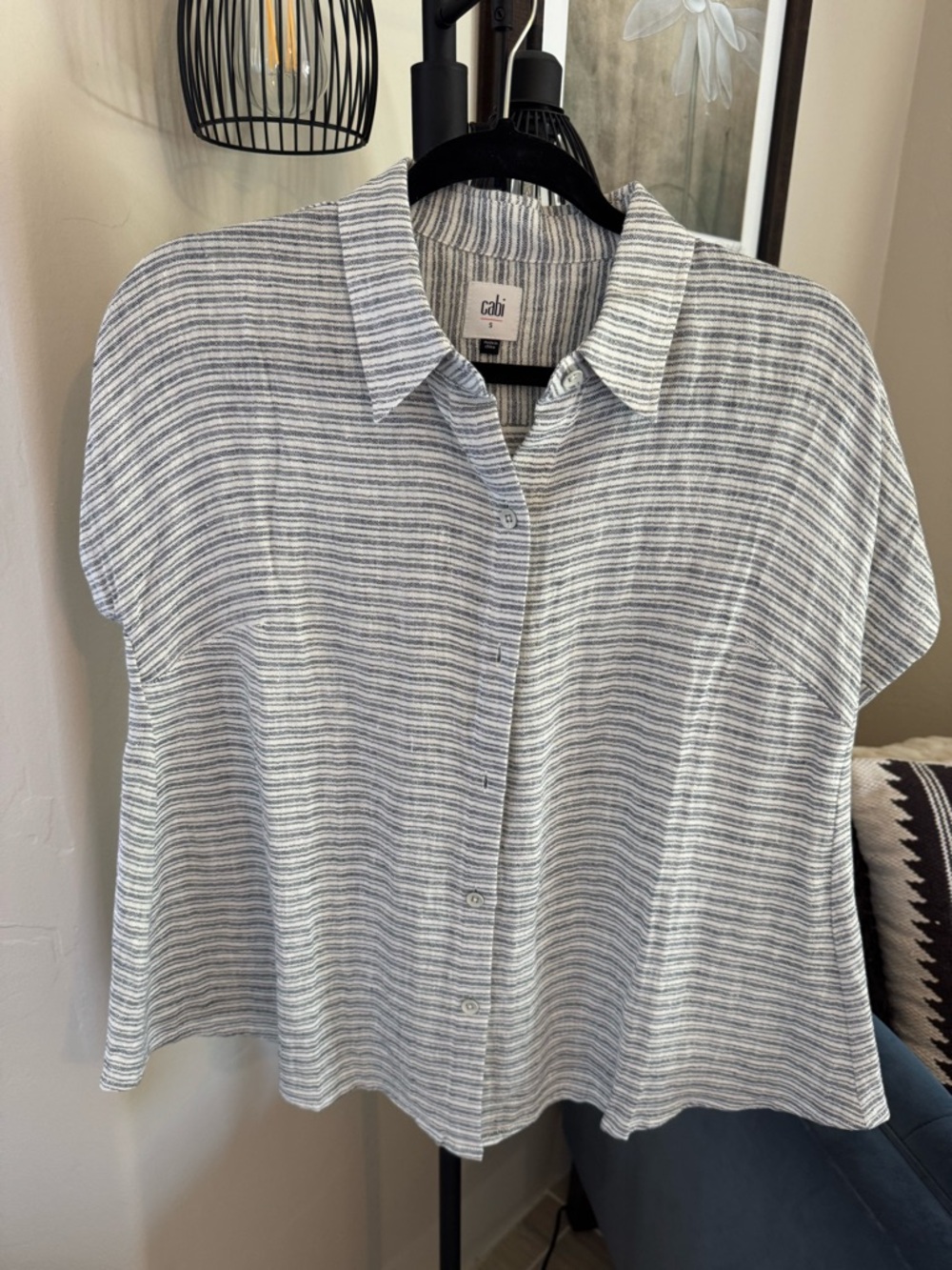 CAbi Relaxed Short-Sleeve Button Down — White & Blue Stripes